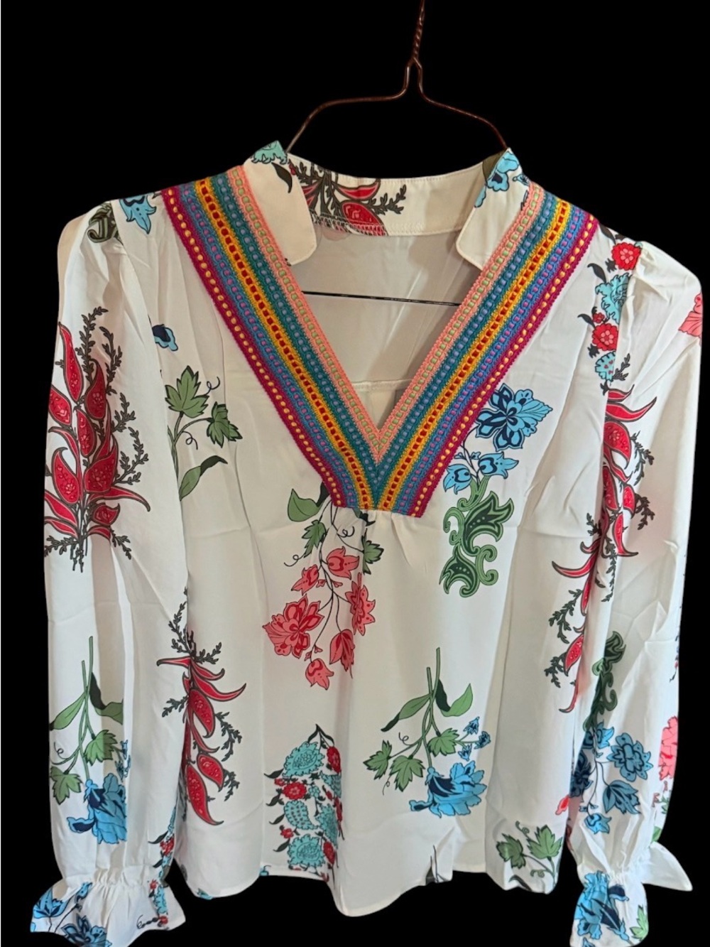 Embroidered V-Neck Floral Blouse - White with Multi-Color Trim